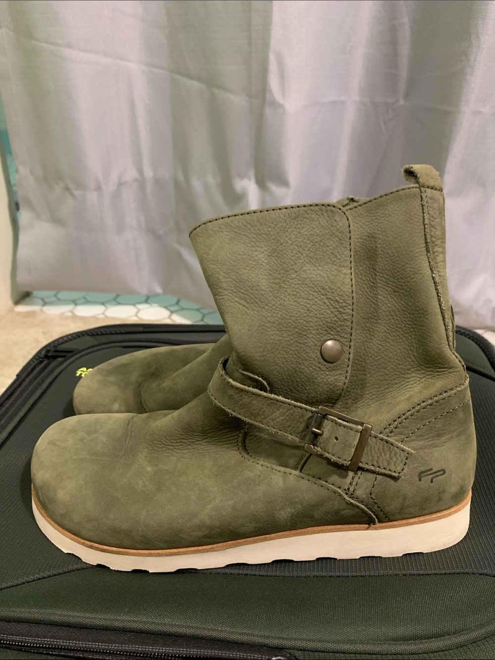 Birkenstock Olive Green Leather Ankle Boots with Buckle